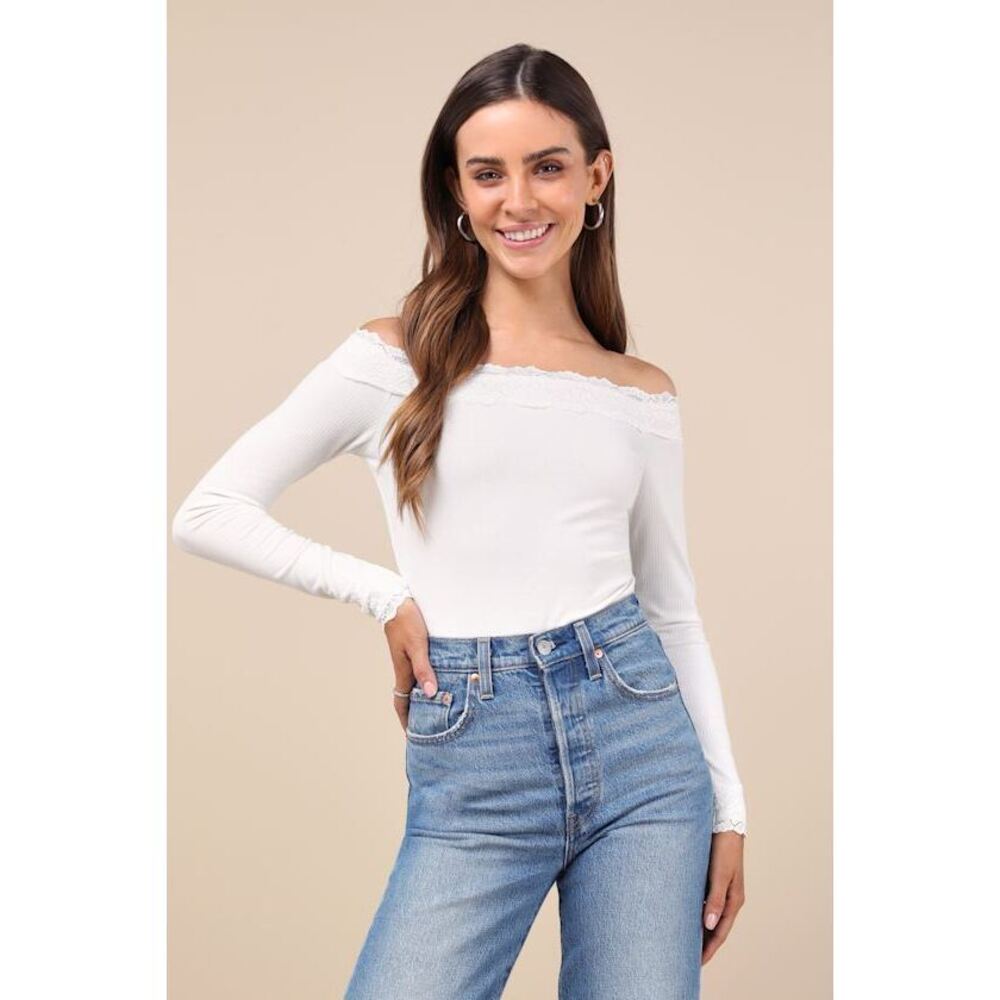 Lulus Skilled Poise White Ribbed Off-the-shoulder Lace Bodysuit - Size M